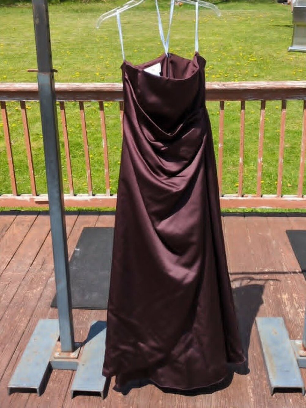 David's Bridal Strapless Satin Gown in Deep Brown